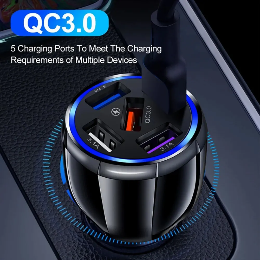5-in-1 QC3.0 5 USB 차량용 충전기 고속 충전 차량용 충전기 원 드래그 멀티 5개 USB 포트 범용 고속 충전 차량용 충전기