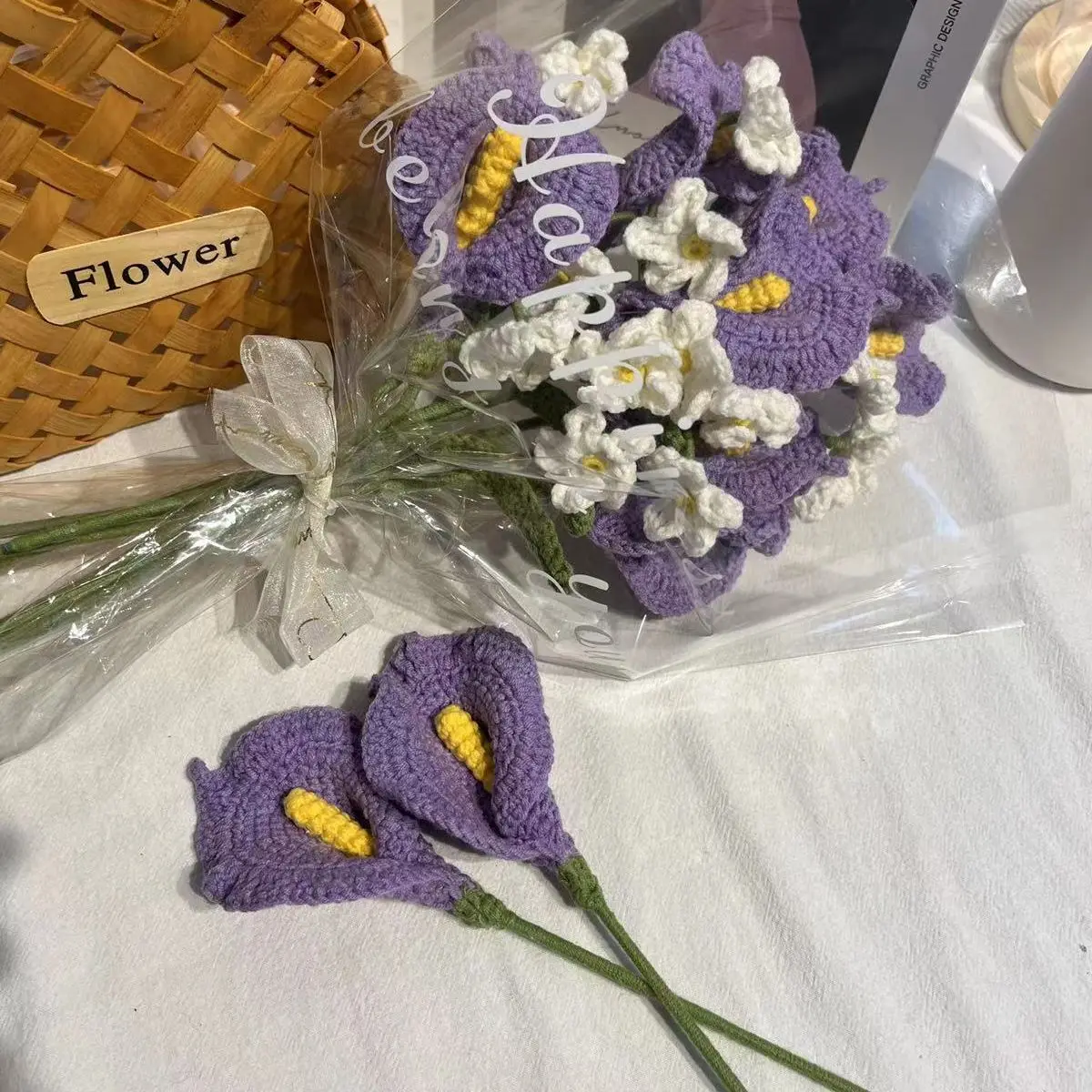 Finished Hand-Knitted Crochet Knitted Flowers Calla Lily Daisy Fake Flower Wedding Decoration Home Table Creative Decorate Gifts