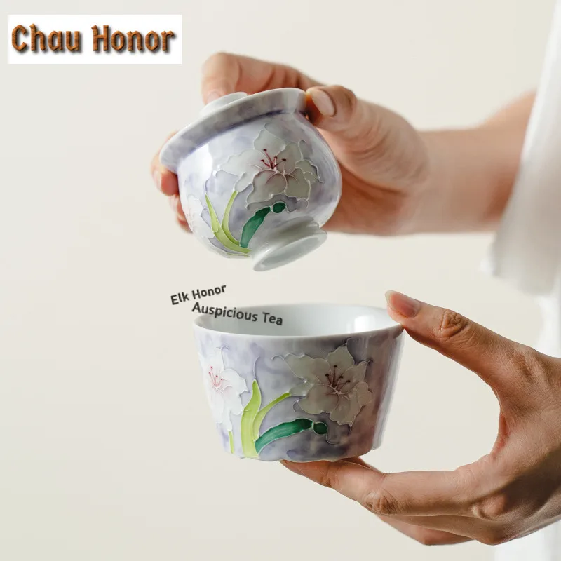 Misty Purple Pure Hand-painted Lily Tea Set Complete Set Retro Tea Ceremony Set Tea Making Teapot and Tea Cup Set Drinkware Gift