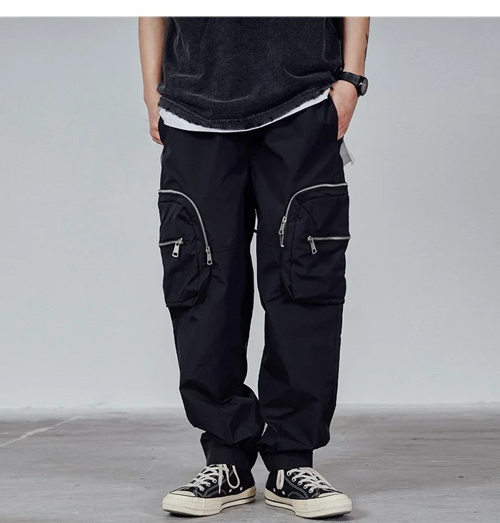 Casual Man Loose Elastic Waist Trousers Streetwear Pockets Cargo Pants Men Techwear Tactical Functional Pants tan cargo pants