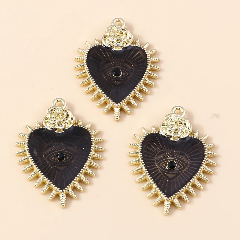 4pcs 25*32mm 패션 로즈 레드 하트 에나멜 매력 고딕 아이 하트 펜던트 수제 DIY 쥬얼리 액세서리 찾기