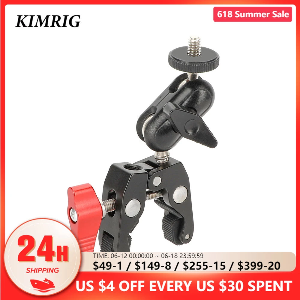 Kimrig Metal Super Clamp With 360° Double Ball Head Magic Arm Clamp With 1/4" 3/8" Hole For Dslr
