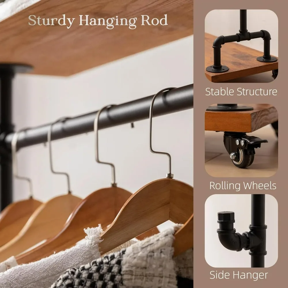 Sturdy Industrial Style Clothing Rack with Lockable Wheels, Storage Shelves, and Shoe Rack for Heavy Duty Use