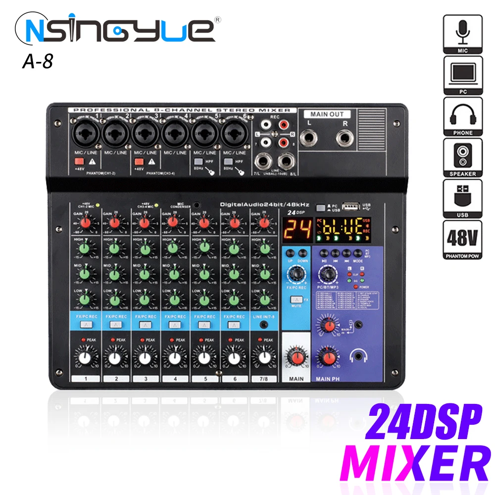 

A8 8 Channel Audio Mixer Portable Mixing Console USB Interface Computer Input 48V Phantom Monitor Audio with 24 Bit DSP Reverb