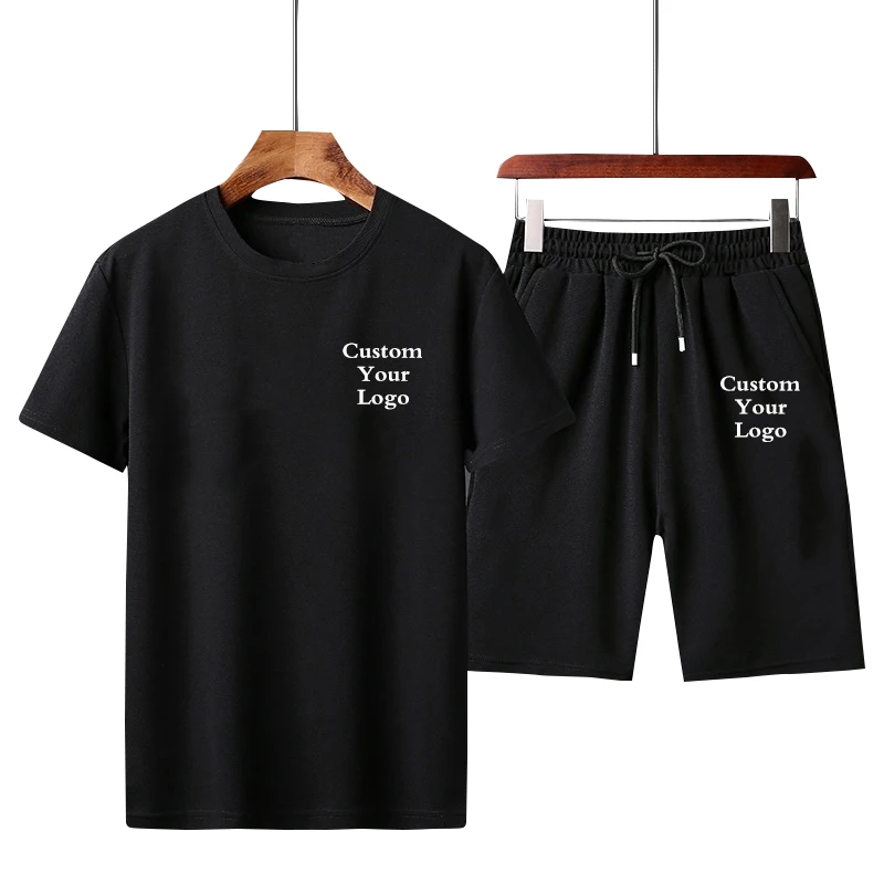 Men Custom Logo Sets Solid Color Loose O-Neck Short Sleeve T Shirt & Drawstring Shorts 2Pcs Streetwear Men's Casual Suits