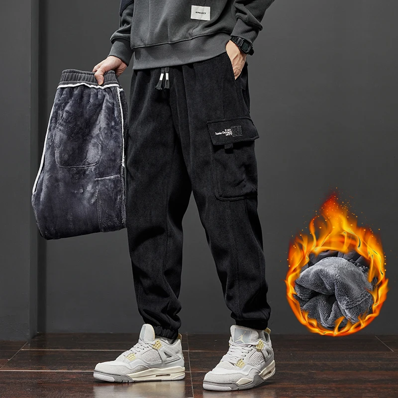 

Men's Fleece Corduroy Solid Cargo Pants Winter Thickened Warm Loose Streetwear Joggers Trousers Sweatpants Armygreen Black Pants