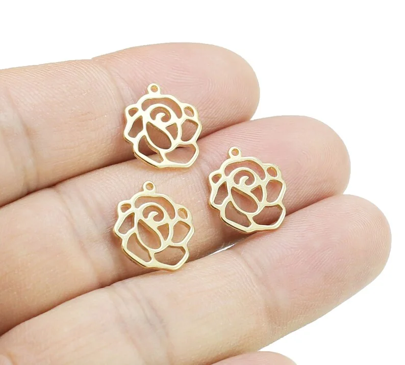 

10pcs Gold Rose Charms, Flower Earring Charms For Jewelry Making, Earring Findings, Metal Charms, Laser cut, 15x13.3mm RP238