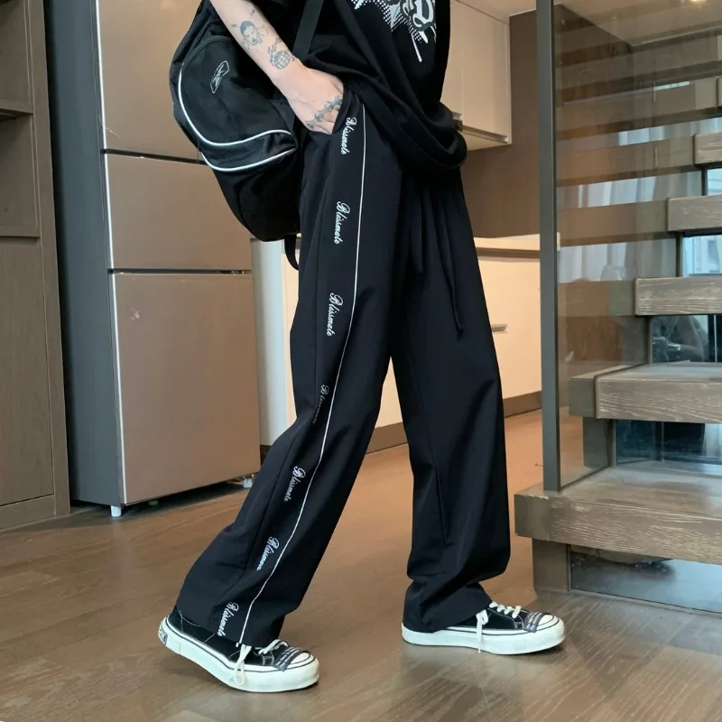Youthful Vitality High Street Summer Ice Silk Casual Pants Men Elastic Waist Drawstring Letter Simplicit Loose Straight Trousers