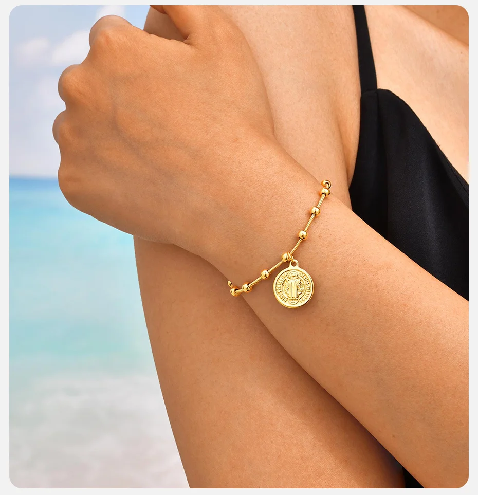 Vnox Edelstahl-Rosenkranz-Armbänder für Damen, Heiliger Benedikt, Jungfrau Maria, Jesus-Kreuz, Gebetsarmband, trendiger Religionsschmuck – Detail 3
