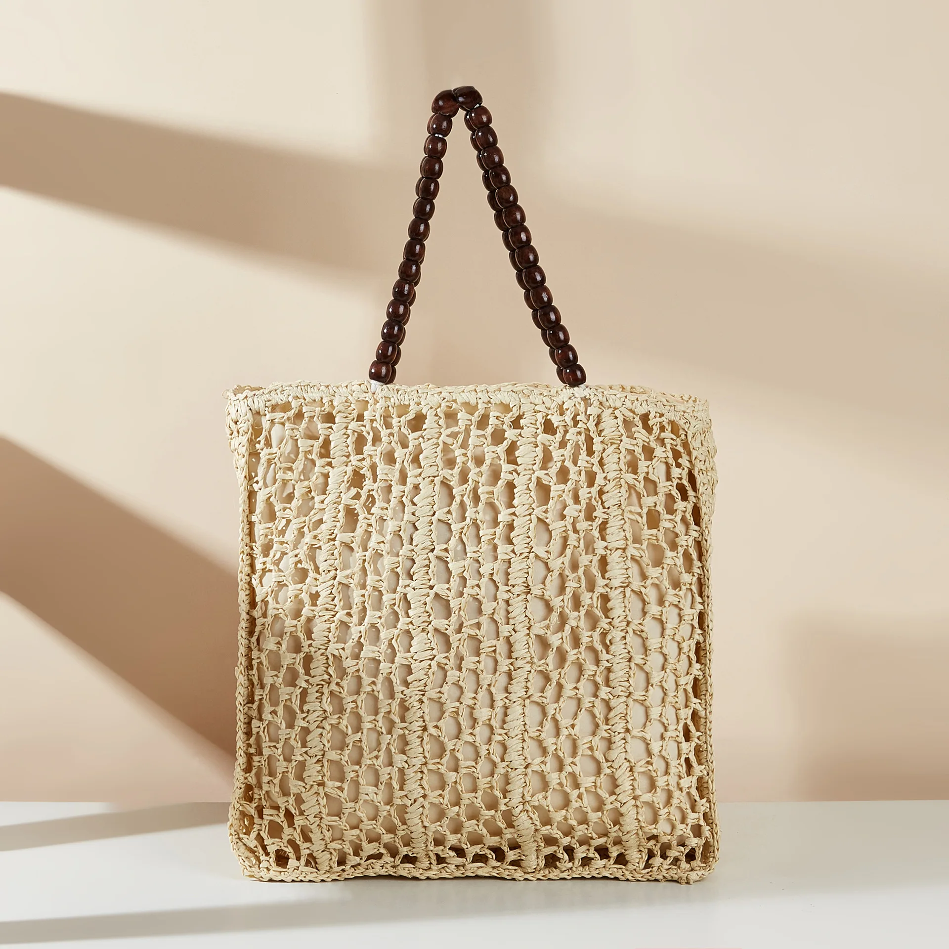 Wooden Beaded Tote Bag Hollow Crochet Shoulder Bag Handmade Knitting Travel Beach Bags Handbags Paper Rope Woven Straw Bags 2024