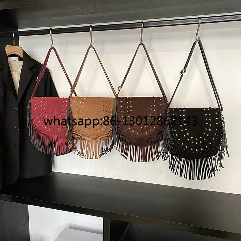 Shoulder bag handmade fringed rivets retro messenger bag