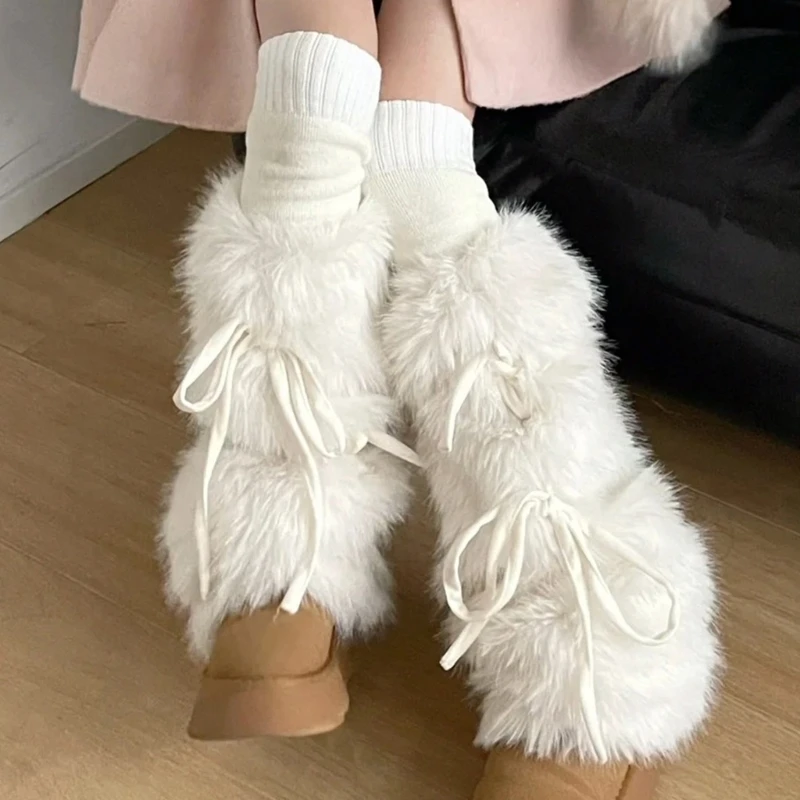 

Women Ribbon Bowknot Furry Leg Warmer Plush White Cuffs Leg Sleeve Socks