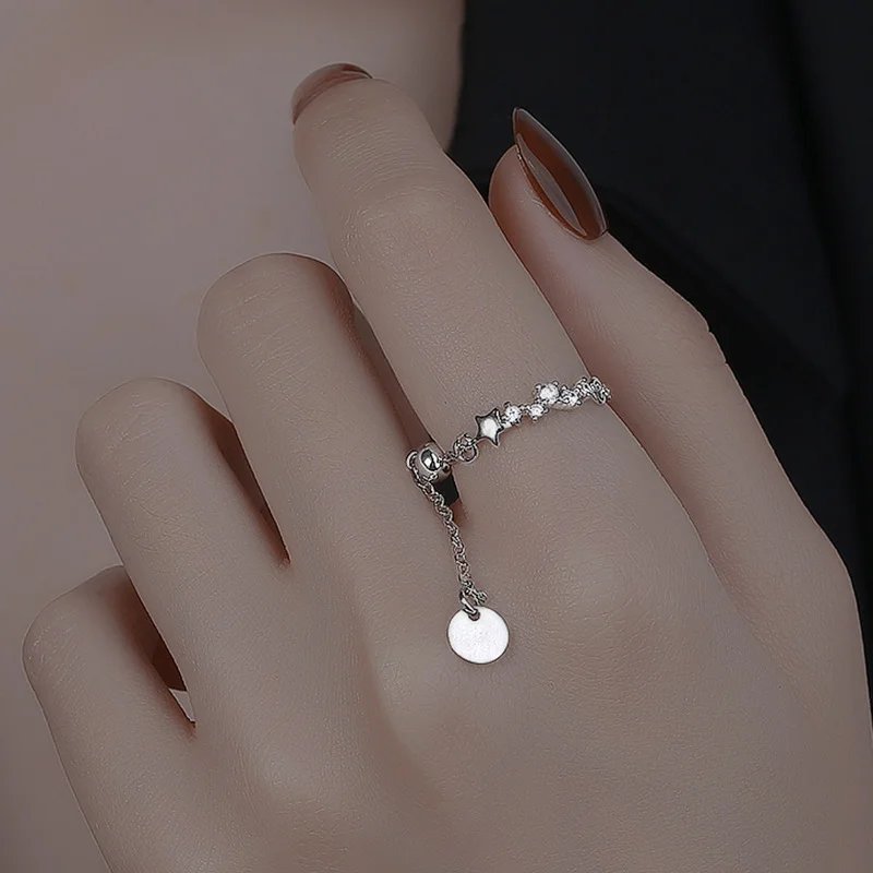 Adjustable Tassel Chain Bead Pendant Ring Geometric Circle Finger Jewelry Women Girl