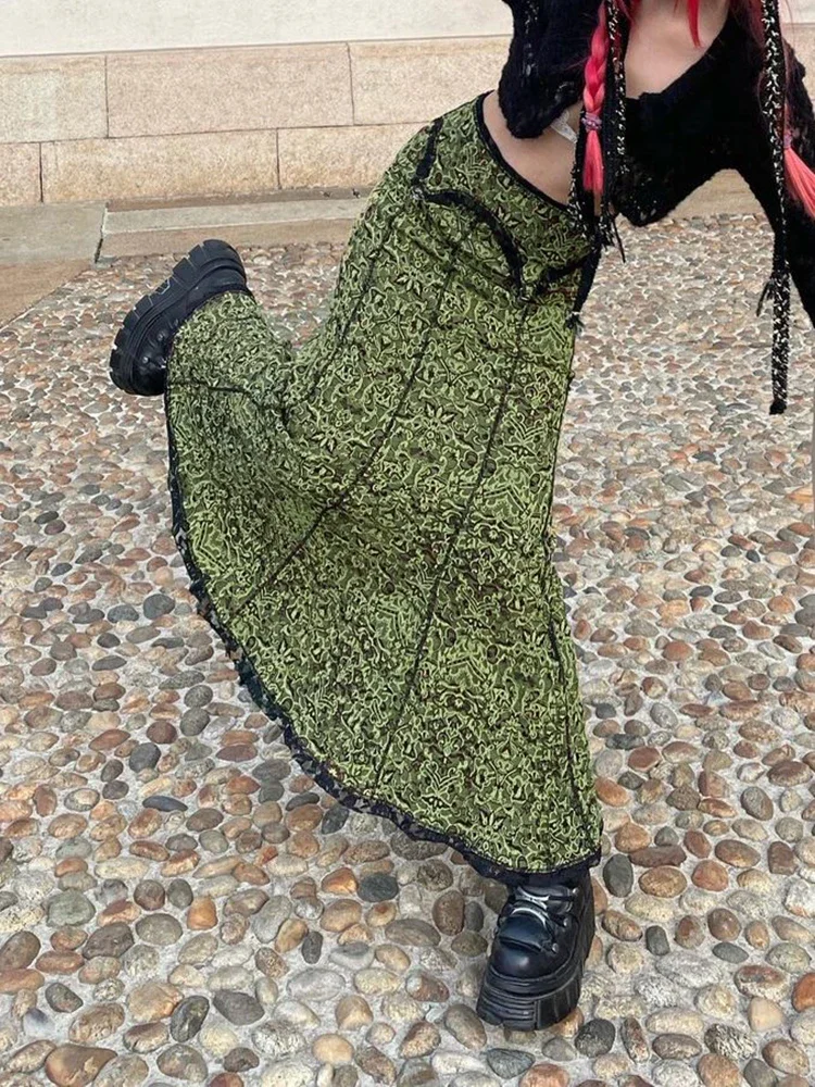 InsLike Sexy Vintage Fashion Elegant Green Trumpet Long Skirt Graphic Print Lace Trim Y2K High Waist Skirt Women 2000s Aesthetic
