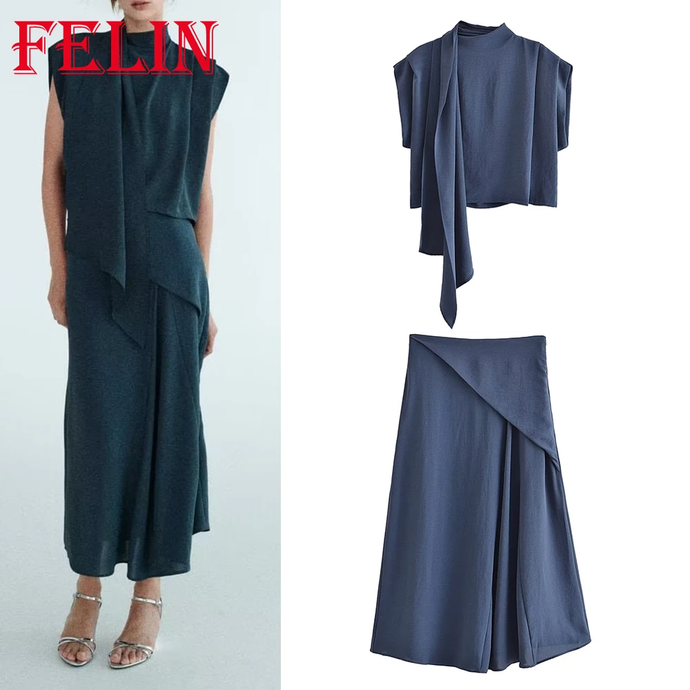 TRAF 2023 Summer Vintage Woman Solid Suits Slim Scarf Collar Sleeveless Short Tops+ Zipper A-LINE Long Skirt Women Sexy Suits