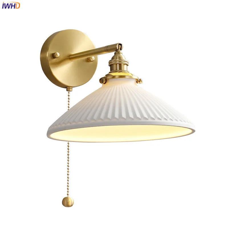 Iwhd Pull Chain Switch Lampade Da Parete A Led Camera Da Letto Soggiorno Specchio Da Bagno Accanto Alla Lampada Applique Da Parete In Ceramica Di Rame