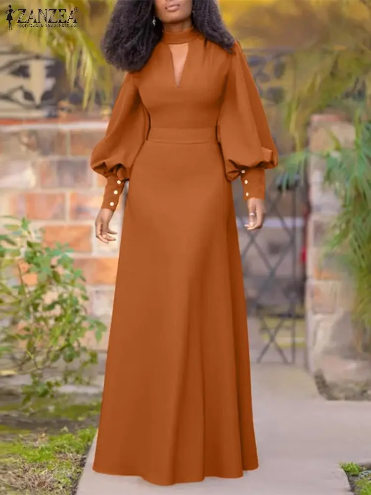 

ZANZEA Vintage Waited Robe Women Hollow Out Maxi Vestidos 2023 Autumn Fashion Long Puff Sleeve Dress Stand Collar Button Dresses