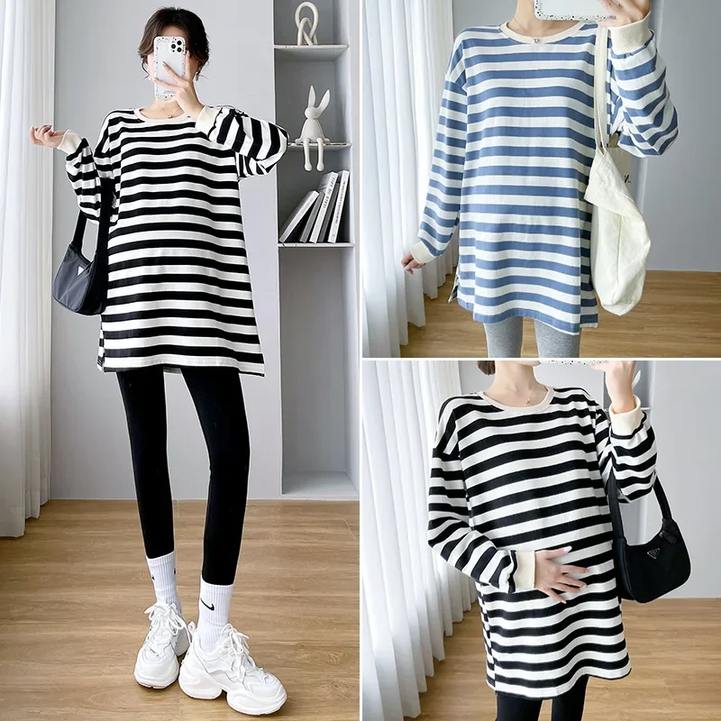 Maternity Stripe Base Shirt Casual Loose Outerwear Spring Autumn Women's Long Sleeve T-Shirt Comfortable Breathable Fashion