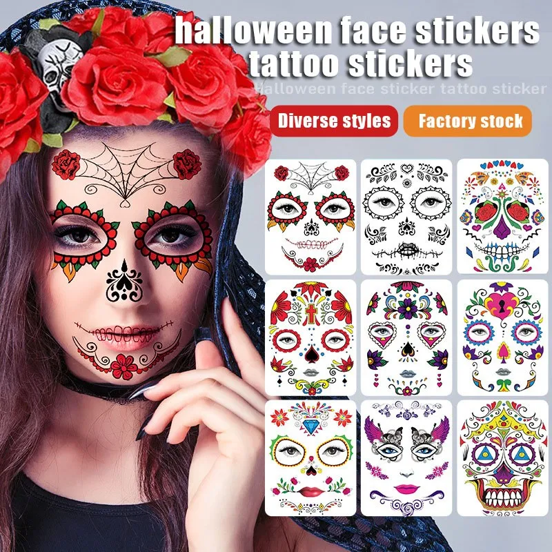 

Face Makeup Sticker Special Waterproof Facial Tattoo Halloween Day of the Dead Spider Skull Temporary Tattoo