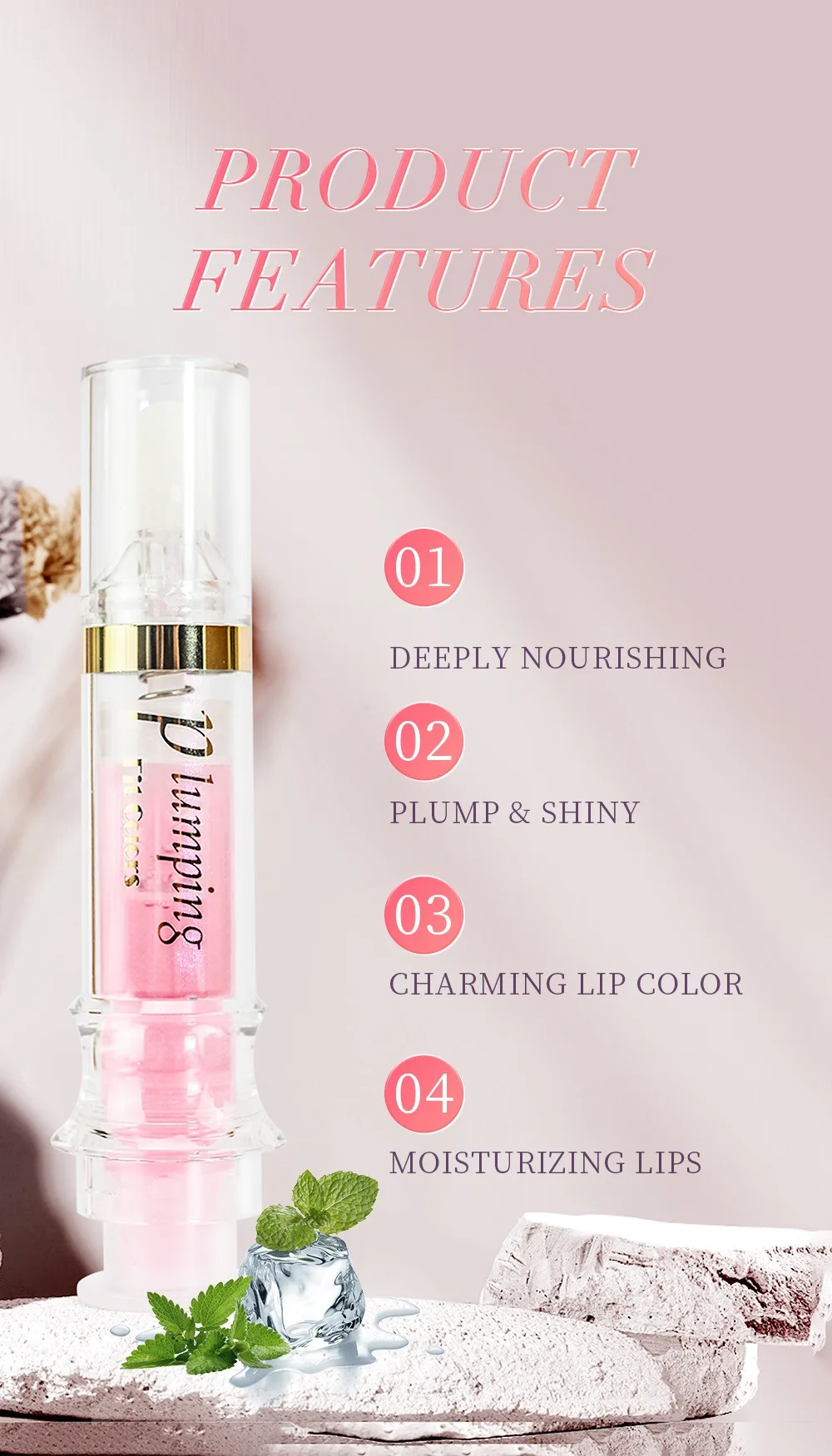 Description Picture 3 of itemShine Crystal Volume Lip Oil Plumping Pearl Gloss Pink Blue Hydrating Transparent Jelly Lip Gloss Serum Lip Care Makeup Cosmetic