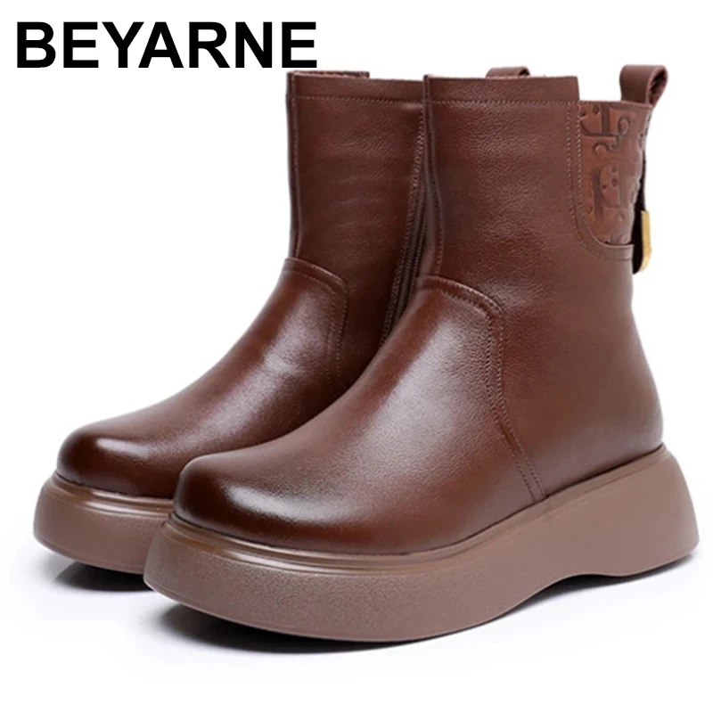 2023 여성용 스노우 부츠, 100% 천연 가죽, 천연 양모, 모피 플랫폼, 미드 송아지 부츠, 따뜻한 겨울 신발 