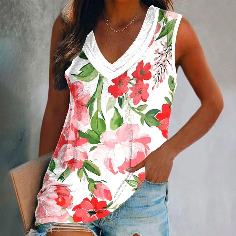 Summer Flower 3D Print Tank Tops Women Casual Streetwear Fashion Oversized V-Neck Vest Off Shoulder Sleeveless Woman Camisole women tank tops spaghetti strap tanks beach crop tops