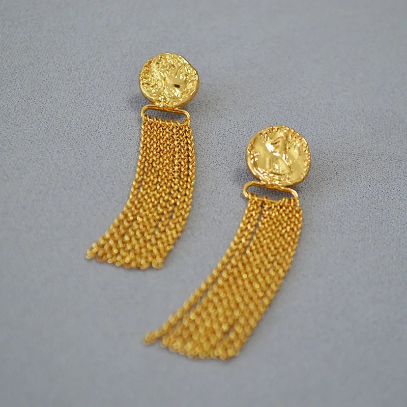 Tassel Chain Earrings Dangles Fashion Women Embossment Coin Earrings