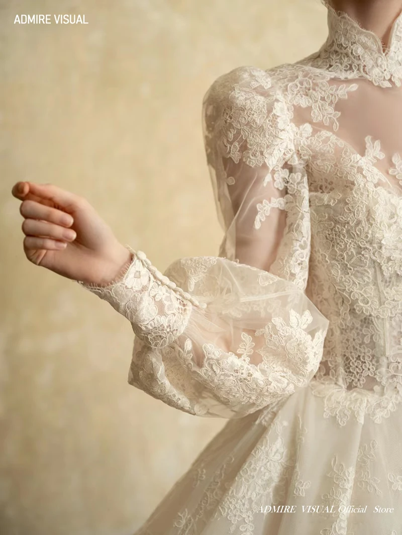 Neueste Hochzeits kleid Spitze A-Linie für Braut hohen Ausschnitt mit Laternen ärmeln nach Maß plus Größen vestidos de novias – Detail 5