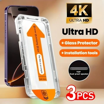 3Pcs 4K Ultra HD Tempered Glass for iPhone 17 16 15 14 Pro Max 15 14 Plus 13 12 11 Pro XS XR One Click Install Screen Protector 1