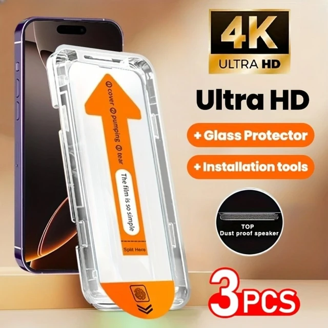 3Pcs 4K Ultra HD Tempered Glass for iPhone 17 16 15 14 Pro Max 15 14 Plus 13 12 11 Pro XS XR One Click Install Screen Protector 1