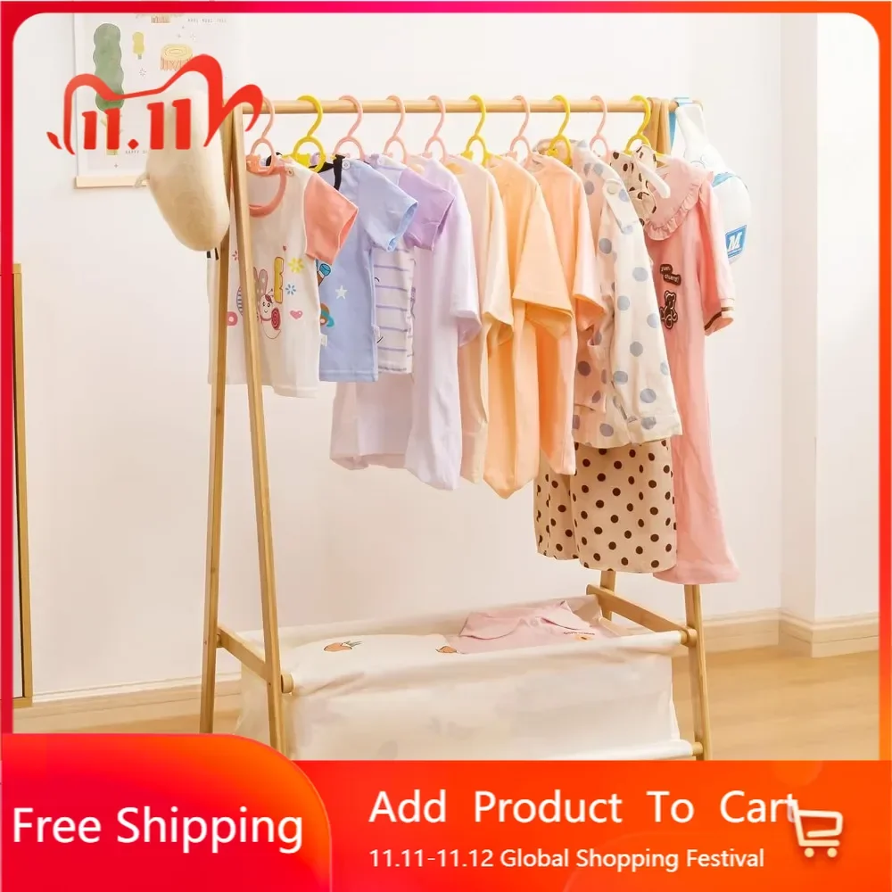 Kids Clothing Rack with Storage Box, Dress up Rack, Child Garment Rack with Hanging Rods, Small and Foldable, Bamboo (Natural)