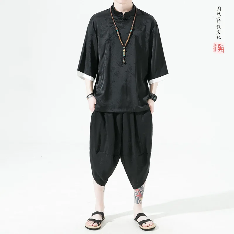 

5XL Chinese Style Men Yoga Tai Chi Martial Arts Set Cool Loose Harem Pant Kimono Sweatshirt Casual Workout Meditation Tang Suits