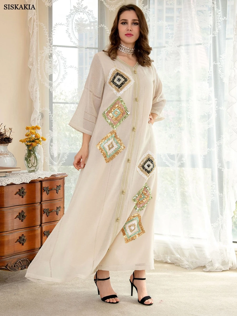 

Siskakia Cotton Hemp Sequins Embroidery Moroccan Jalabiya Modest Muslim Arab Oman Dubai Abaya Dress Women Corban Eid al Adha New