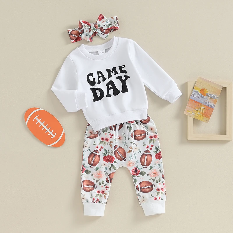 

Toddler Baby Girls Fall Outfits Long Sleeve Sweatshirt Top with Football Print Pants Headband 3PCS Newborn Clothes