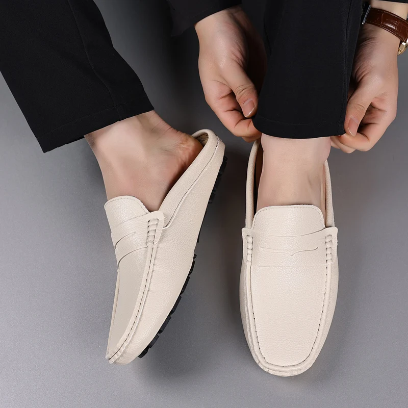 YRZL Hausschuhe, Sommer-Slip-on-Halbschuhe für Herren, Leder-Hausschuhe, lässig, atmungsaktiv, bequeme Slipper, Mokassins, Braun, Schwarz, Beige – Detail 6