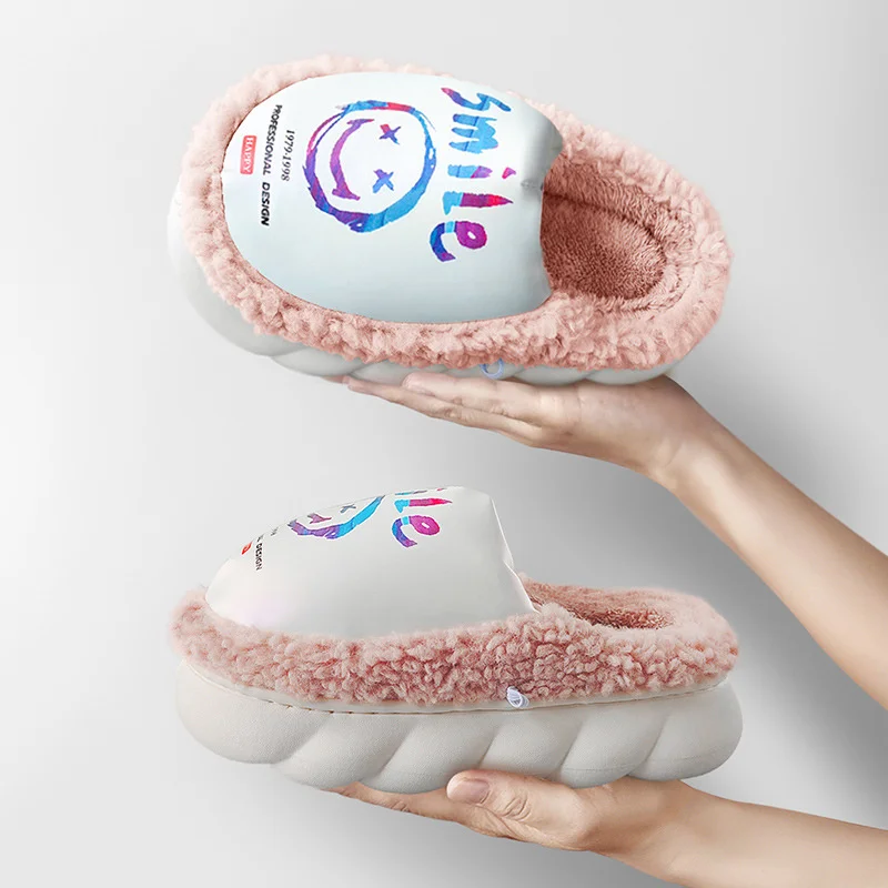 

Women's indoor slippers, smiling face printed fur sole, soft, warm, home shoes, fashion, 2022