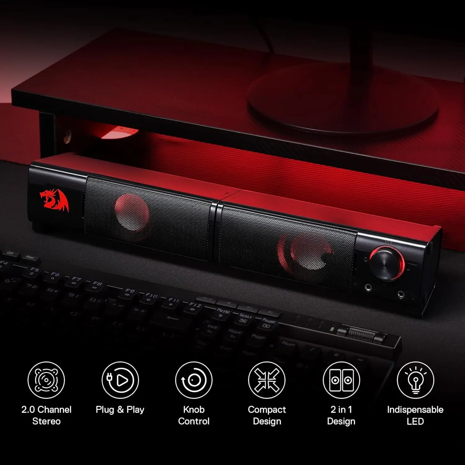 Redragon GS550 PC Gaming Speakers 2.0 Channel Desktop Computer Sound Bar  Quality Bass & Decent Red Backlit 5