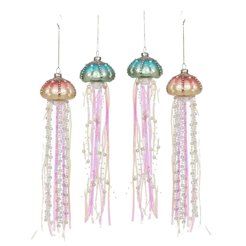 

4Pcs Christmas Tree Hanging Ornaments Plastic Jellyfish for Rhinestone Pearls Beaded Streamers Coastal Pendants Xmas Party