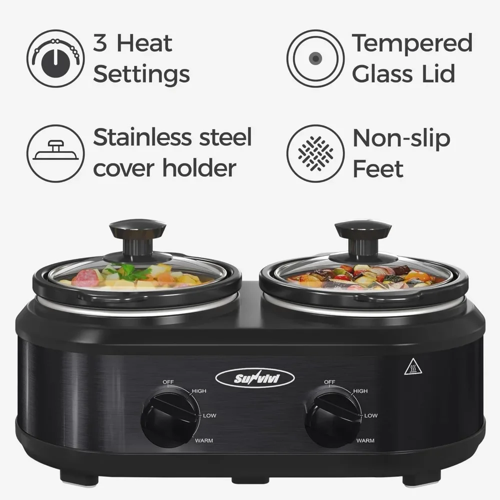 Double Slow Cooker,2 Pot Small Mini Crock Buffet Servers and Warmer,Dual Pot Oval Manual Slow Cooker 3
