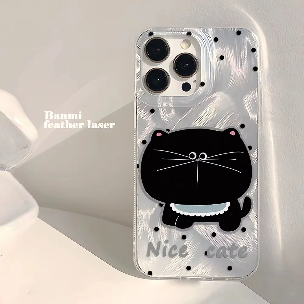 Chic Black Cat Phone Case with Laser Silver Feather Texture - Shockproof Cover
