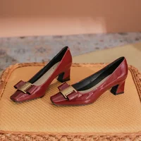 HOT Plus Size 40 HOT Women Shoes Square Toe 5cm Pumps Patent Leather Dress Butterfly Knot Boat Shoe Wedding Shoes Zapatos Mujerd 1