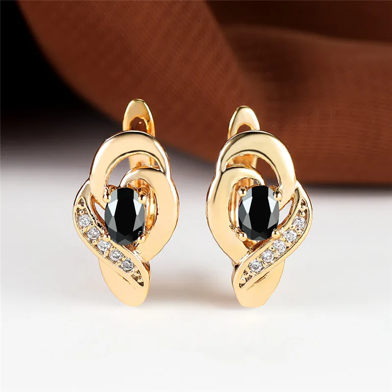Elegant Pink Crystal Oval Stone Earrings Rainbow Zircon Hoop Earrings Trendy Gold Color Wedding Earrings For Women Party Jewelry