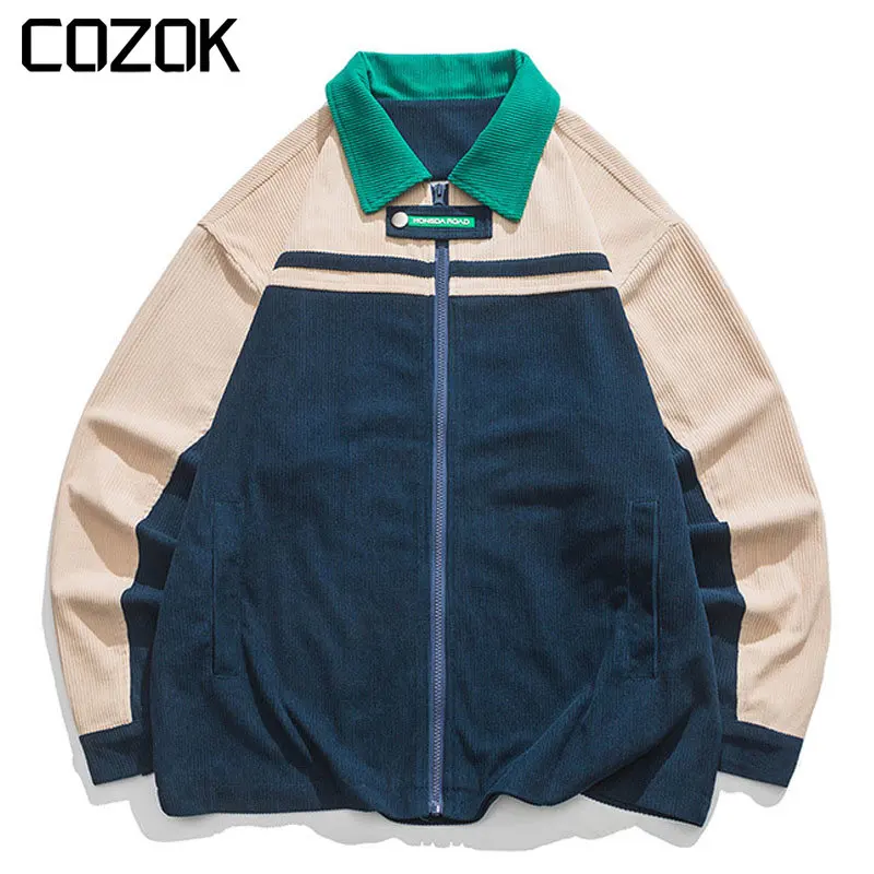

Japanese Varsity Jacket Men Autumn Harajuku Patchwork Corduroy Windbreaker Coats Women Spring lapel Oversize Baseball Coat 2023