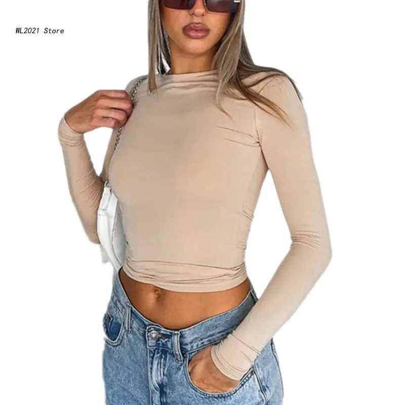 T-shirt Manches Longues Femme – Col Rond, Coupe Ajustée, Tissu Extensible, Style Y2K Pour Sorties Décontractées