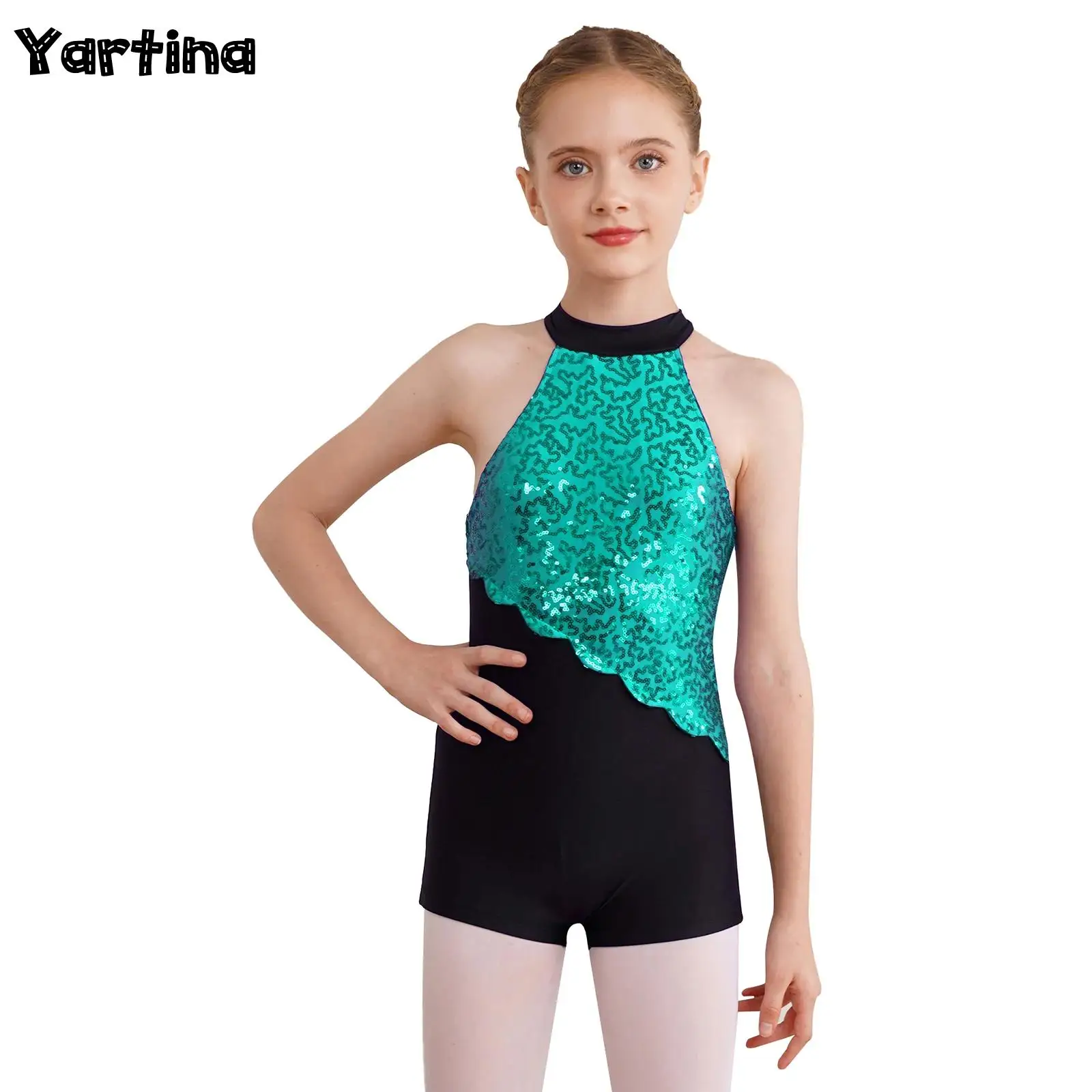 

Kids Girls Glittery Sequins Rhythmic Gymnastics Ballet Dance Leotard Strappy Back Mock Neck Bodysuit Figure Skating Jumpsuit