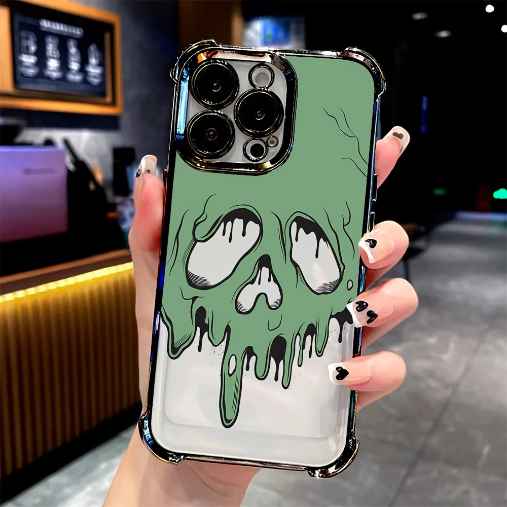 For iPhone 17 to 11 Pro Max Plus Phone Case Green Skull Design Pattern