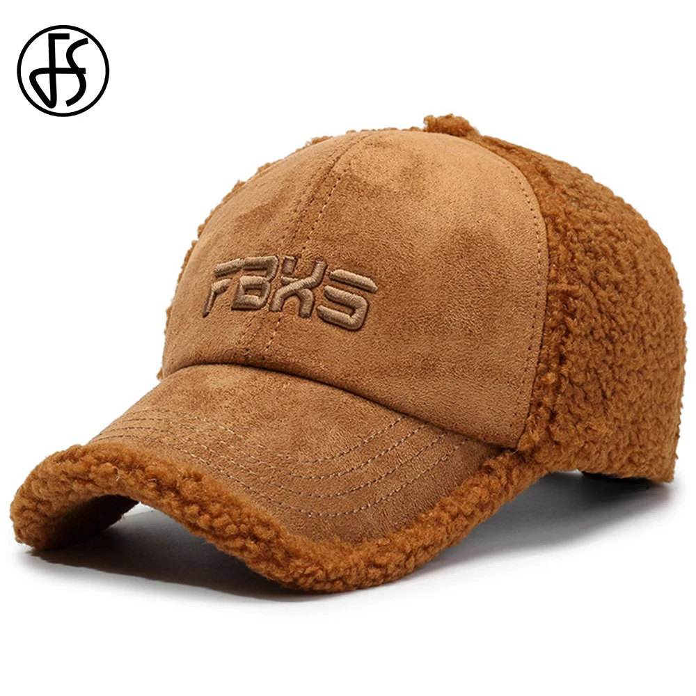 FS Braun-Beige Warme Winter-Baseballkappe für Herren, Luxusmarke, Damen-Lammwollmütze, winddichte Outdoor-Skikappe, Casquette Homme