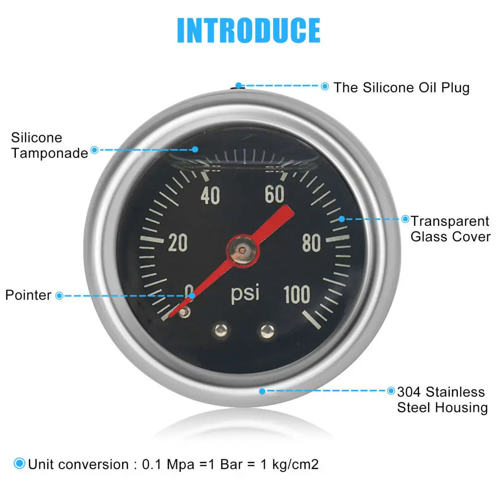Adjustable Fuel Pressure Regulator Gauge 0-100psi Liquid Filled Pointer Type Pressure Gauge Stainless Steel Shell Universal
