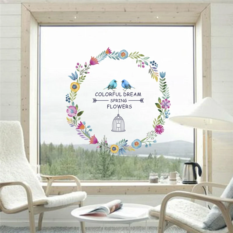 Bird Cage Flower Circle Wall Stickers Living-room Bedroom Decoration Spring Theme Mural Art Diy Home Decal For Valentine Gift
