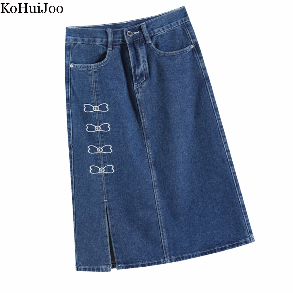 

Женская джинсовая юбка KoHuiJoo, корейская мода, свободная джинсовая юбка с вышивкой, Длинная женская Повседневная трапециевидная юбка с высокой талией